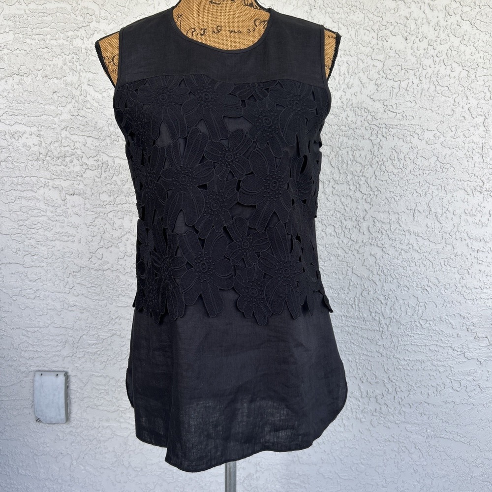 Blu9 Womens 100% Linen Top Lace Overlay Black Sleeveless Small Layered Boutique